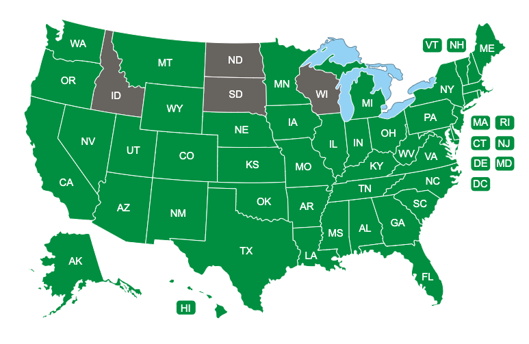 A color-coded map of the United States indicating the availability of ABLE accounts, with most states shaded in green, symbolizing widespread access to ABLE programs across the nation.